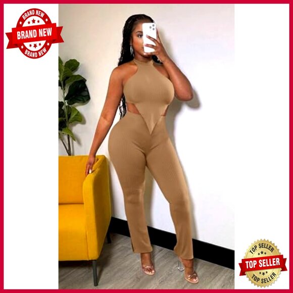 Sleeveless Crop Top High Waist Long Pants Set Ribbed Polyester Spandex - Picture 2 of 7